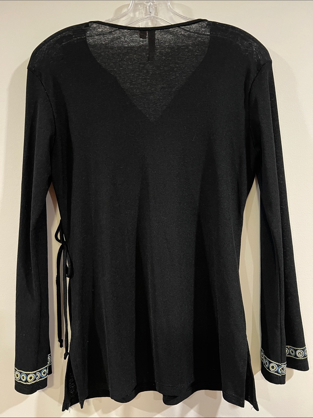 Susan Lawrence - Faux Black Wrap Top with Blue-Green Embroidered Trim, small - Picture 2 of 9